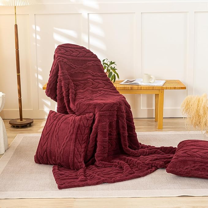 YUSOKI Sherpa Large Throw Blanket Single Layer,Light Weight(1.7lb),370GMS-3D Stylish Design for Gift Home Decor (Burgundy Red,50"x65")
