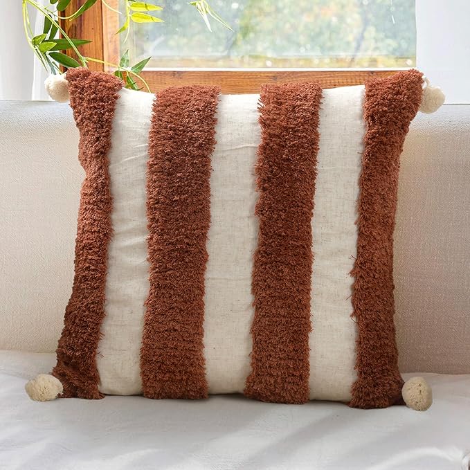 Boho Pillow Covers 18X18 Inch Boho Tufted Linen Throw Pillow Covers Decorative Pompoms Cushion Cover Farmhouse Pillow Case for Couch Sofa Bed Living Room Bedroom,Dark Rust