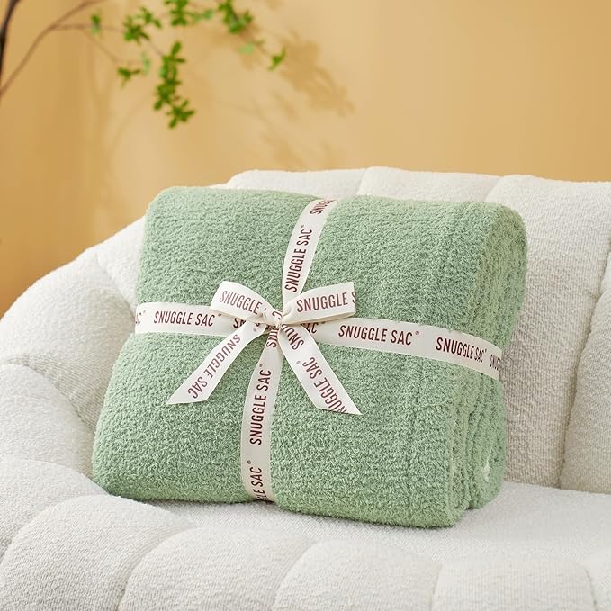 Snuggle Sac Sage Green Bedding Blankets Queen Size 90x90 inches, Reversible Microfiber Fluffy Fuzzy Soft Throw Cozy Knit Blanket for Women Mothers Birthday Gifts
