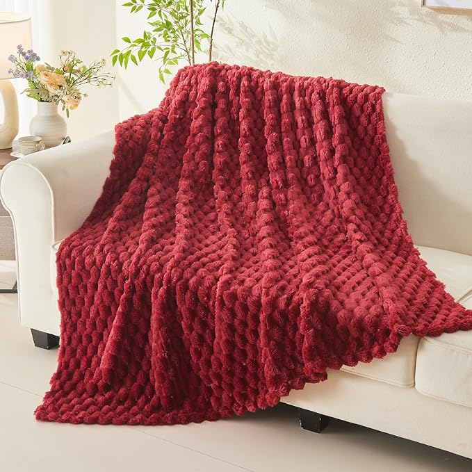 NEWCOSPLAY Super Soft Twin Blanket Red Premium Silky Flannel Fleece 3D Clouds Stylish Jacquard Lightweight Bed Blanket All Season Use 350GSM (Red, Twin(60"x80"))