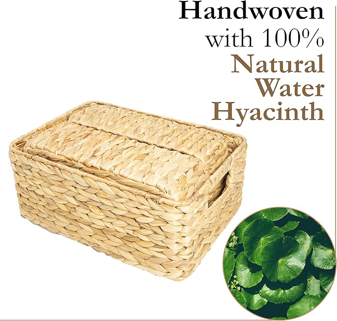 HOMESTEAD Water Hyacinth Storage Baskets, Long Narrow Rectangular Wicker Baskets for Bedroom, Living Room, Bathroom, Shelves - Set of 3