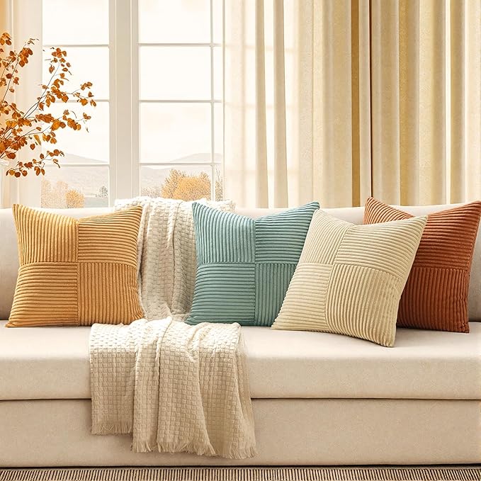 MIULEE Boho Farmhouse Decorative Throw Pillow Covers 18x18 Inch 4 Packs Soft Vintage Pillow Cases Modern Corduroy Patchwork Cushion Covers for Couch Sofa Bed Home Decor, Teal-Rust