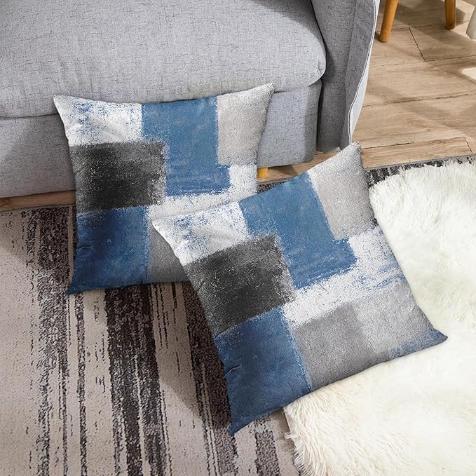 Britimes Throw Pillow Covers Modern Home Art Decor, 18 x 18 Inches Set of 2 Abstract Oil Painting Pillowcases for Bedroom, Living Room, Cushion Couch Sofa, Abstract Blue Grey