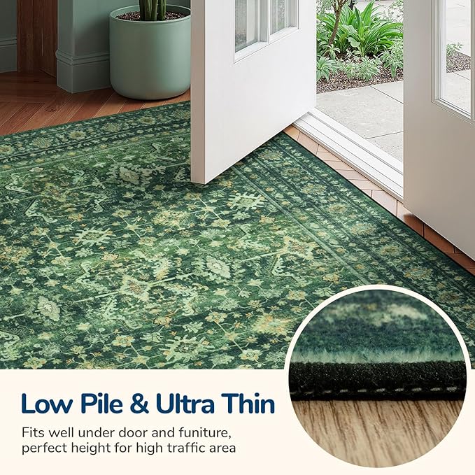 Lessymo 6x9 Washable Area Rug with Non Slip Backing,Soft Boho Indoor Carpets for Living Room Bedroom Nursery, Kid and Pet Friendly, Green