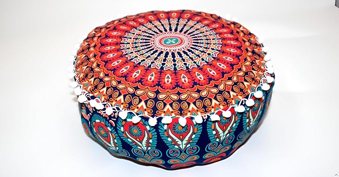 INDIAN CRAFT CASTLE ICC Mandala Barmeri Large Floor Pillow Cover Cushion Meditation Seating Ottoman Throw Cover Hippie Decorative Zipped Bohemian Pouf Ottoman Cases Orange Peacock 18" Round