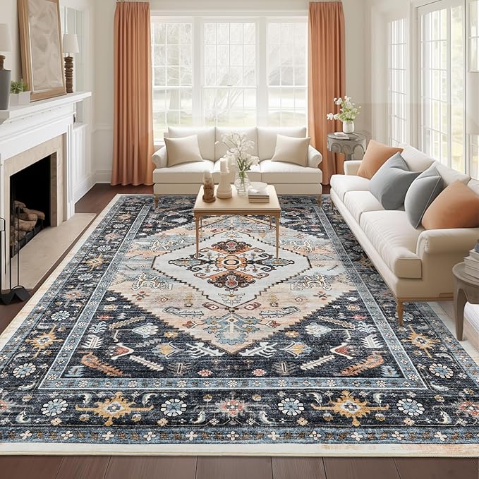 8x10 Area Rugs for Living Room, Washable Rugs with Non-Slip Backing, Super Soft Thin Large Rug for Nursery Room, Dining Room, Office, Vintage Neutral Area Rug (Navy/Pink, 8'x10')
