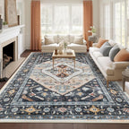 8x10 Area Rugs for Living Room, Washable Rugs with Non-Slip Backing, Super Soft Thin Large Rug for Nursery Room, Dining Room, Office, Vintage Neutral Area Rug (Navy/Pink, 8'x10')