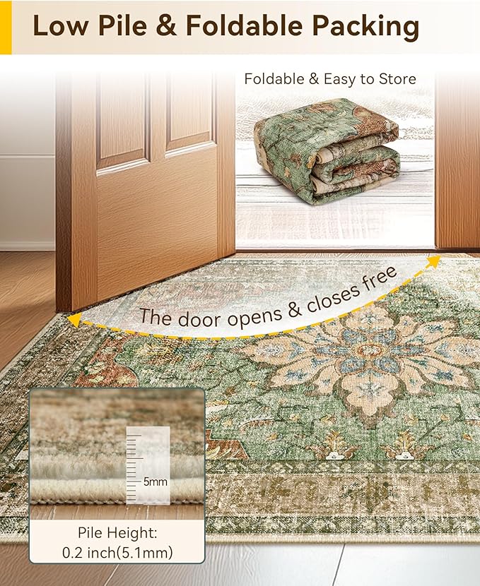 Area Rugs 3'x6' Runner Rug Non Slip Washable for Kitchen Hallway Bedroom Beside Laundry Room Bathroom Rug, Floor Carpet, Brick Red Rust Neutral Brown Burnt Orange Green