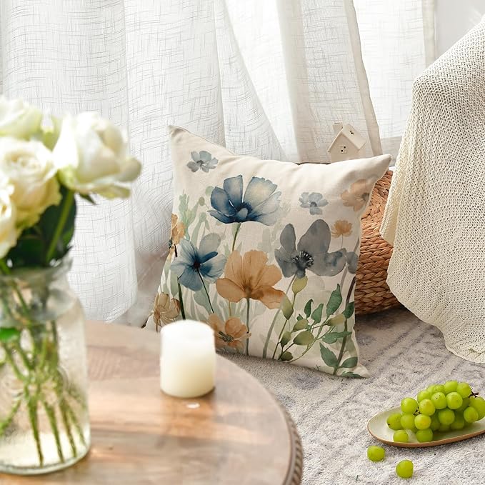 AVOIN colorlife Poppy Flowers Chinoiserie Throw Pillow Covers, 18 x 18 Inch Light Brown Blue Seasonal Leaves Cushion Case Decoration for Sofa Couch Set of 2