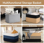 Goodpick Large Woven Blanket Basket 23.6" x 15.7" x 13.8" Cotton Rope Storage Organizer for Dirty Clothes Pillows Toys, Rectangle Wicker Laundry Basket with Handles, Black & Jute Mix
