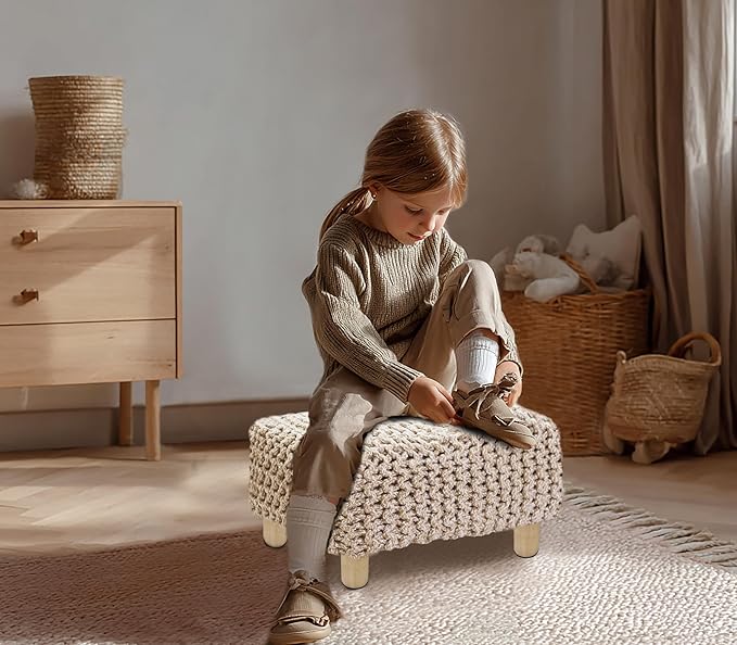 COTTON CRAFT Tweed Braided Footrest - Handknitted Dori Foot Stool with Sturdy Wood Legs – Boho Leg Rest - Small Spaces Under Desk Living Room Entryway Low Footstool Pouf -16.5x12x9.5- Ivory Natural
