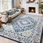 Lessymo 8 x 10 Area Rugs for Living Room, Machine Washable Area Rugs Boho Faux Wool Low Pile Area Rug for Bedroom, Floral Medallion Vintage Rugs with Non-Slip Rubber, Kid & Pet Friendly,Dark Blue