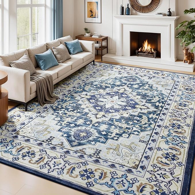 Lessymo 8 x 10 Area Rugs for Living Room, Machine Washable Area Rugs Boho Faux Wool Low Pile Area Rug for Bedroom, Floral Medallion Vintage Rugs with Non-Slip Rubber, Kid & Pet Friendly,Dark Blue