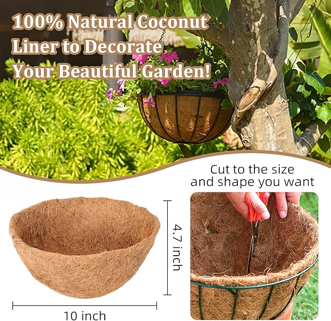 Legigo 3 Pack 10 Inch Hanging Basket Coco Liners Replacement, 100% Natural Round Coconut Coco Fiber Planter Basket Liners for Hanging Basket Flowers/Vegetables