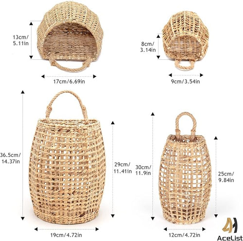 AceList Set of 2 Water Hyacinth Wall Hanging Baskets, Wall Basket Storage for Flowers & Plant, Decorative Boho Coastal for Front Door, Closet, Living Room or Entrance (Original)