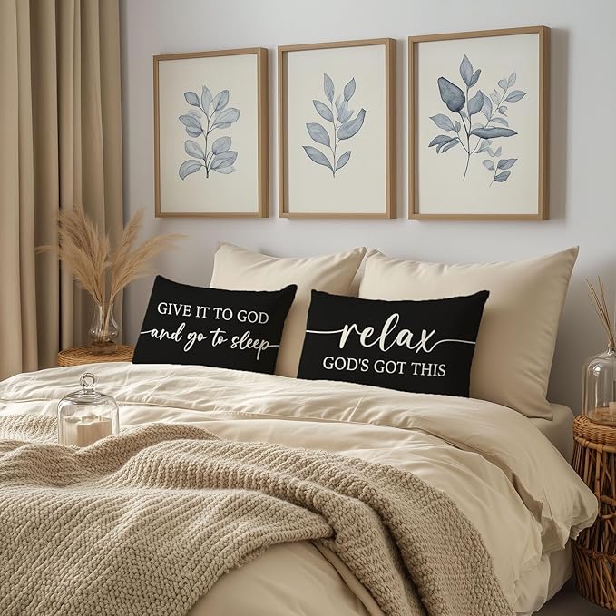 Black and White Christian Throw Pillow Covers 12x20 Inch Set of 2 – Relax God’s Got This/Give It to God and Go to Sleep – Inspirational Lumbar Pillowcase for Couch or Bed Decor