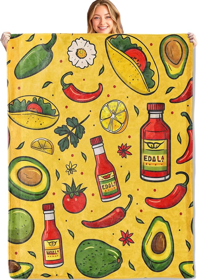 Taco Cute Throw Blanket - 60x80in,Ultra Soft, Cozy Lightweight Flannel,Mexican Cuisine Avocado Hot Sauce Blankets - Gifts for Kids Girls & Food Lovers,for Couch Home Living Room Festive Decor