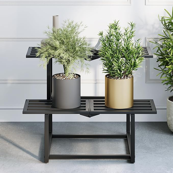 Plant Stand Indoor Outdoor, Foldable Metal Plant Shelf for Multiple Pots, Mid Century Slatted Bench for Patio Garden, Heavy Duty Capacity 330 lbs 2 Tier Black
