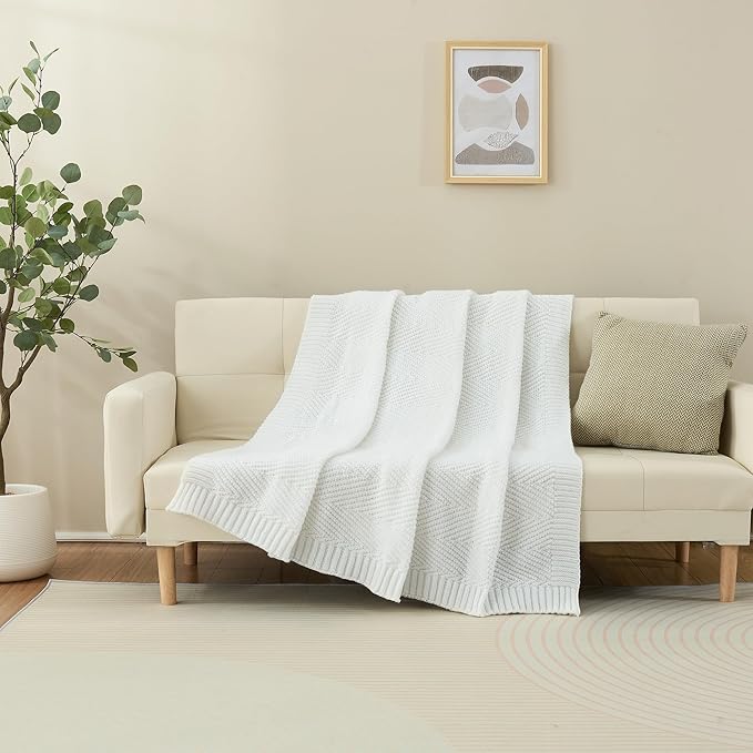 Knitted Throw Blanket 50"X60", White Knit Throws for Bed, Super Soft Boho Chevron Blankets for Couch Sofa Chair Room Decor, Textured Decorative Farmhouse Cozy Lightweight