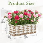 Artificial Rose Flowers with Woven Basket, Faux Blooming Roses in Fake Rattan Planter for Table Centerpiece, Romantic Floral Arrangement for Home Dining Room Wedding Sweet Decor, Hot & Soft Pink
