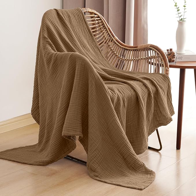 PHF 100% Cotton Muslin Throw XL Blanket Large 50" x 70", 4-Layer Lightweight Gauze Throw, Breathable Cloud-Soft Minimalist Blanket for Bed, Couch, Camping & Baby, Clay, Ideal Gift