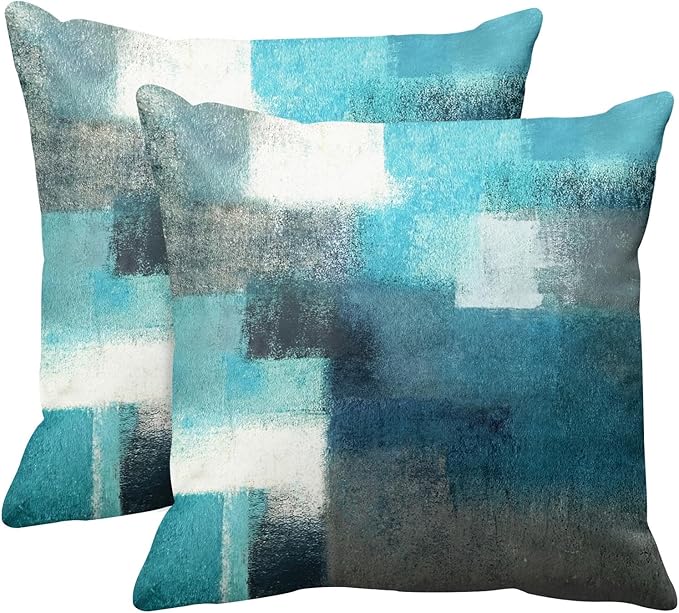 Emvency Set of 2 Turquoise White and Gray Throw Pillow Covers Modern Abstract Teal Painting Decorative Pillow Cases Home Decor Standard Square 20x20 Inches Pillowcases