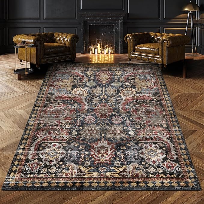 RUGSURE Washable Area Rugs - Perfect for Living Room, Bedroom, Kids Room, Nursery - Stain & Water Resistant Non-Slip, Pet & Child Friendly, Vintage Tribal Area Rugs (Rust, 6' x 9')