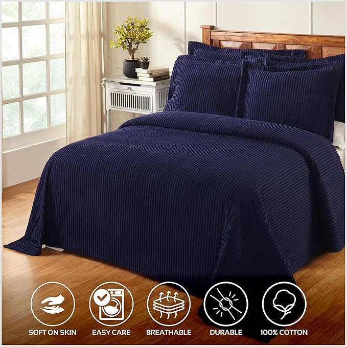 Better Trends Chenille Bedspreads Queen Size, Navy 100% Cotton Chenille Stripe Design Tufted Bedding Coverlet Soft Lightweight, 102"x110" with 2 Sham 3 Pieces Set Jullian Collection