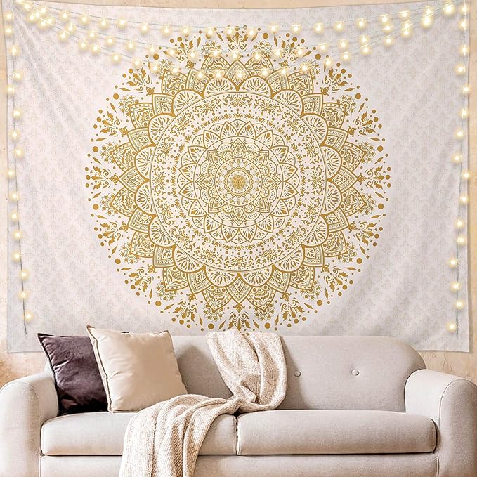 Edeesky White and Gold Mandala Tapestry Wall Art for Living Room, Bedroom Decor