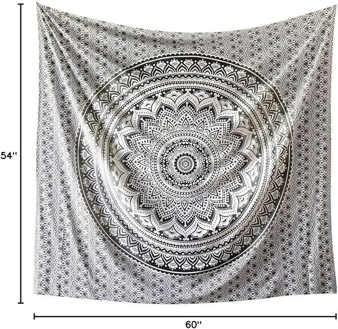 ANJANIYA Ombre Wall Hanging Bohemian Tapestry, Metallic Wall Art Bedspread, Psychedelic Hippie Mandala Dorm Décor for Hanging, Bedding, Beach Coverlet Curtain, Grey Black, 54"X60"