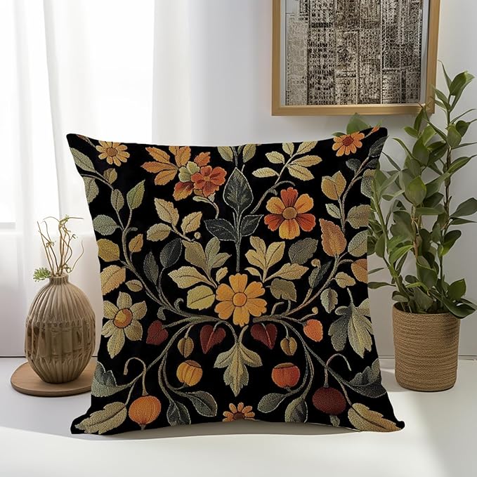 William Morris Abstract Vintage Print Floral Velvet Design Throw Pillow Covers Home Decor, Retro Art Decor Pillowcase Cushion Cover for Bed Sofa Living Room, Square 18x18inch (Black-Floral2)
