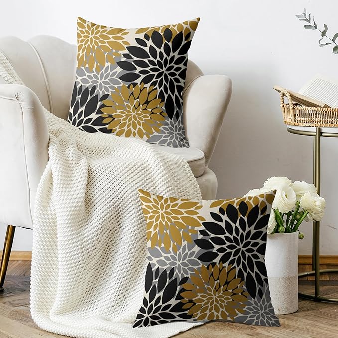 Black Mustard Yellow Pillow Covers 24X24 Inch Set of 2, Spring Summer Floral Dahlia Flower Cream Decorative Throw Pillow Covers Outdoor Modern Farmhouse Cushion Case for Home Couch Sofa Bed Decor