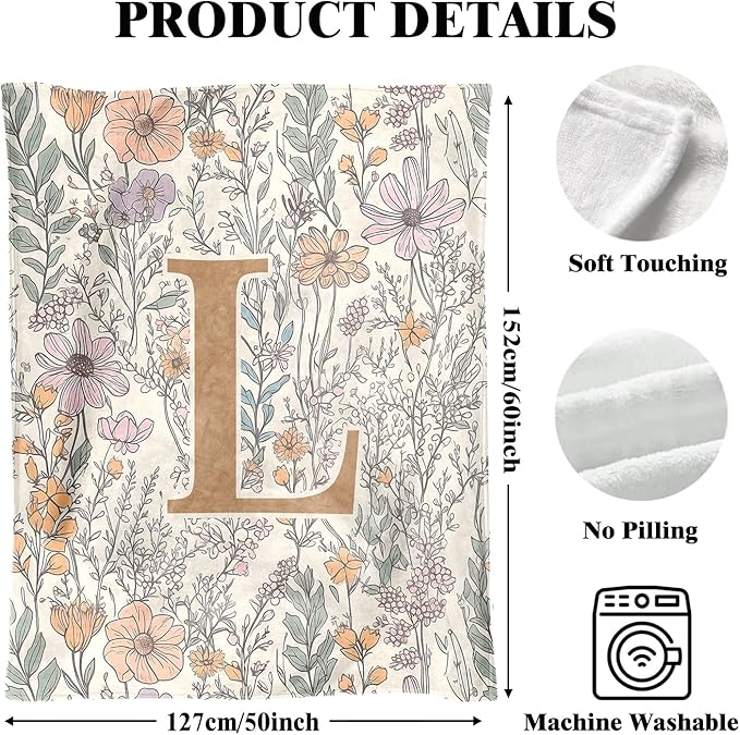 JXREQ Throw Blanket Initial Letter L Personalized Monogrammed Gifts for Women Teen Girls Frends, Boho Floral Throw Blankets for Bed Sofa Living Room Office, 50x60 Inch