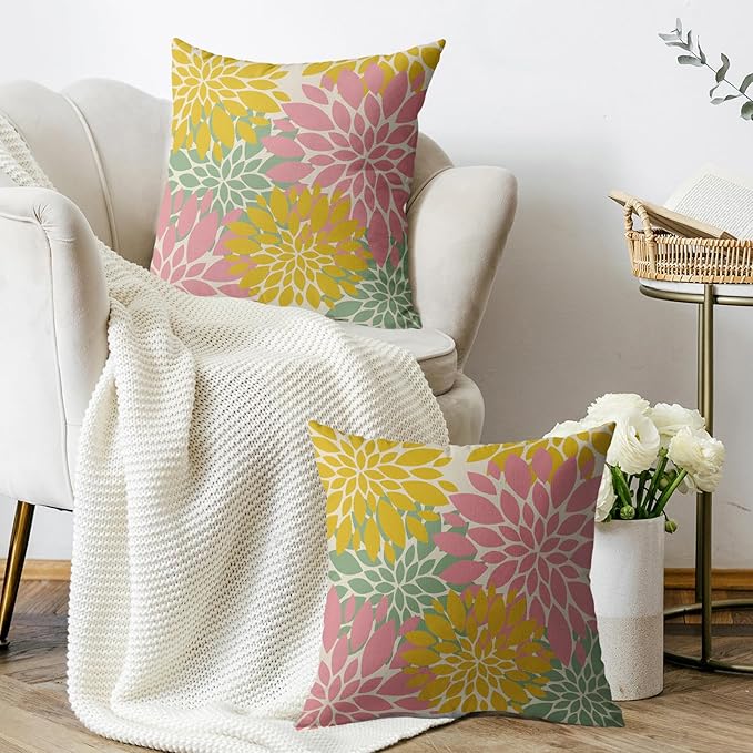 Yellow Pink Green Spring Floral Pillow Covers 16X16 Inch Set of 2, Colorful Easter Themed Colored Flower Decorative Throw Pillow Covers Outdoor Farmhouse Cushion Case for Couch Sofa Bed Decor