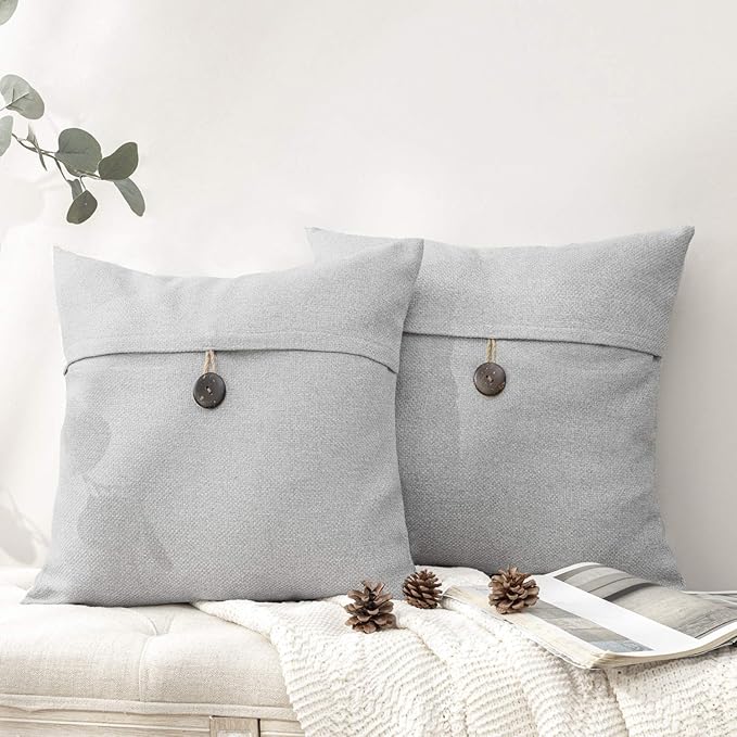 Phantoscope Pack of 2 Farmhouse Throw Pillow Covers Button Vintage Linen Solid Decorative Pillow Cover for Couch Bed and Chair Light Grey 18 x 18 inches 45 x 45 cm