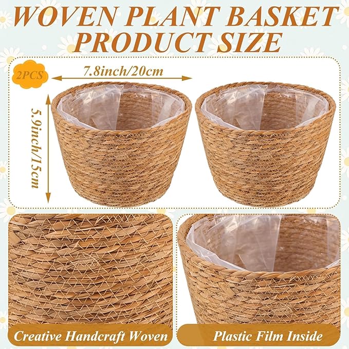 2PCS Seagrass Plant Basket for Indoor and Outdoor,Rattan Large Planter Basket with Liner for 6 inch Pot,Wicker Plant Pot Covers for Potted Plants,Woven Storage Baskets for Rustic Boho Farmhouse Decor