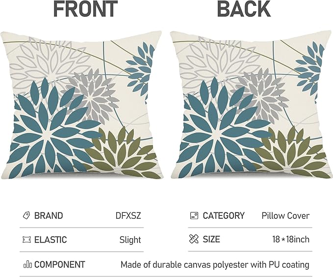 DFXSZ Blue Army Green Outdoor Pillow Covers Set of 2 16X16 Inch Teal Floral Elegant Polyester Flower Pillow Case Outdoor Waterproof Decor for Patio Funiture Garden Linen Cushion Covers 01C16