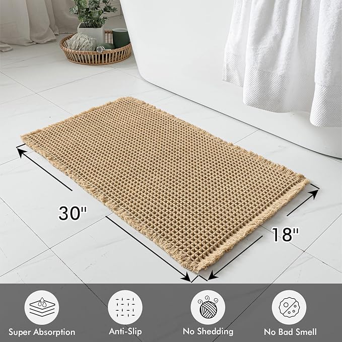 MIULEE Set of 2 Waffle Bathroom Rugs, Boho Bath Rugs Non Slip Washable, Super Absorbent Bath Mats, Ultra Soft Rubber Backed Shower Mats for Bathroom Floor, Tub and Shower, Brown, 18x30 Inch