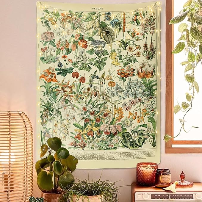 Vintage Flowers Tapestry 48”x36”, Long Vertical Wall Hanging Reference Illustrative Botanical Tapestries for Bedroom Aesthetic Floral Tapistry Botanical Plants Tapestry Wall Hanging Cute Bedroom Decor