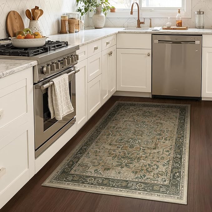 Retro Distressed 3x5 Area Rugs Washable Non Slip, Medallion Printed Small Foyer Throw Rugs for Entryway, Thin Carpet for Bedroom/Mudroom/Dorm/Bathroom/Kitchen/Closet, Multi Brown Olive Accents