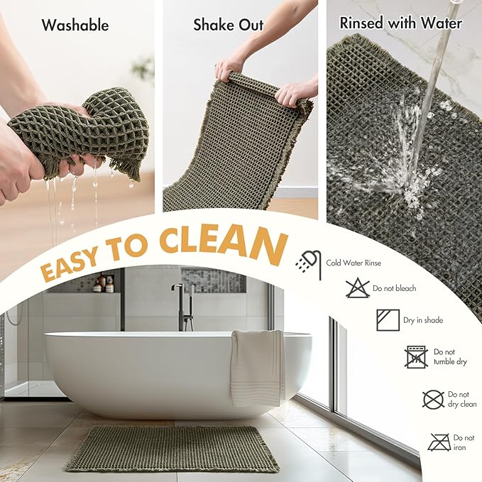MIULEE Set of 2 Waffle Bathroom Runner Rugs, Boho Bath Rugs Non Slip, Super Absorbent Runner Bath Mats, Rubber Backed Shower Mats for Hallway Bedroom Laundry Room, Green, 2'x4'(24x48 Inch)