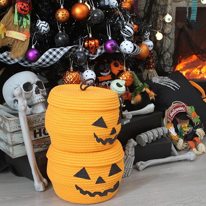 Sea Team Round Cotton Rope Storage Basket with Lid, Halloween Pumpkin Woven Storage Bin, Pot, Caddy, Organizer, Container for Snacks, Towels, Plants, 13 x 9 Inches (Large, Orange)