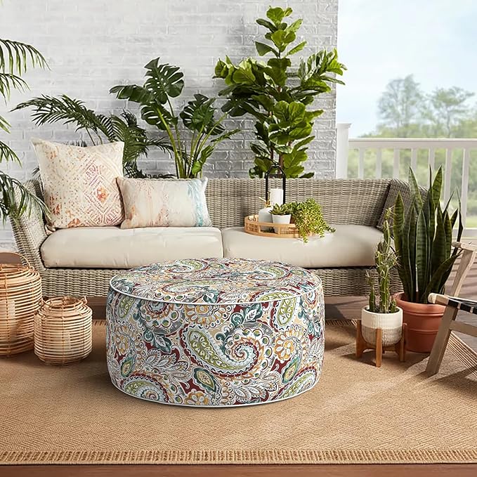 TWELAR Indoor/Outdoor Inflatable Ottoman, Water Repellent Round Foot Rest Ottomans D31 x H14 inch, Portable Footstool for Patio Garden Camping or Home, Paisley Chilli