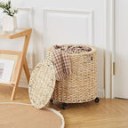 Wimarsbon Round Pouf Ottomans, Handwoven Natural Water Hyacinth Seagrass Pouffe,Outdoor Rattan Stool Accent Seat, Bohemian Coastal Home Decor (Storage Ottoman - Corn Husk)