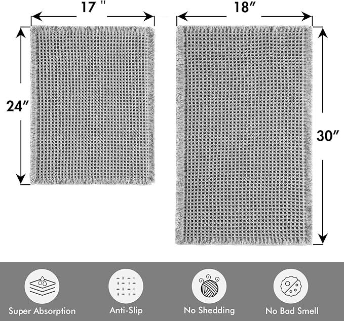 MIULEE Set of 2 Waffle Bathroom Rugs, Boho Bath Rugs Non Slip Washable, Super Absorbent Bath Mats, Ultra Soft Rubber Backed Shower Mats for Bathroom Floor, Tub and Shower, Light Grey, 17"x24"+18"x30"