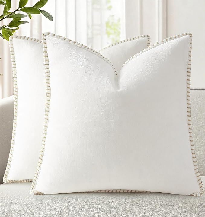 decorUhome Summer Chenille Soft Cozy Throw Pillow Covers 18x18 Set of 2, Modern Farmhouse Boho Velvet Decorative Pillow Cases with Stitched Edge for Couch Sofa Bed Home Decor, Cream White