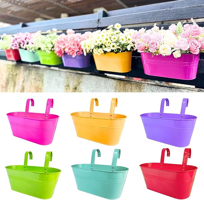 LaLaGreen Outdoor Hanging Planter (11.2 Inch, 6 Pack) Light Blue, Neon Pink, Dark Purple, Yellow, Red Metal Iron Window Box Flower Pot Deck Railings Fence Buckets Modern Boho Style Home Garden Decor
