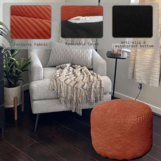 Oslimea Round Ottoman Foot Rest 20 x 15 Foot Stool Ottoman Pouf with Foam Chunk Filling for Living Room, Floor Poufs Foot Rest for Bedroom, Spice Corduroy
