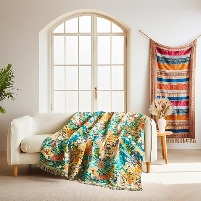 Throw Blanket for Bed Couch Sofa Soft Cotton Twin Breathable Spring Blankets for Bedroom Living Room All Season Reversible Quilt Leopard Throws Whimsical Home Decor 60"x80"