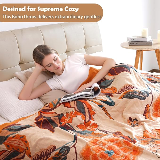 Boho Large Throw Blanket, 100% Organic Cotton Breathable Soft Bed Throw - Floral Bird Farmhouse Decor Blanket for Sofa Couch Chair Quilt and Gift. 91" x 98"- Beige